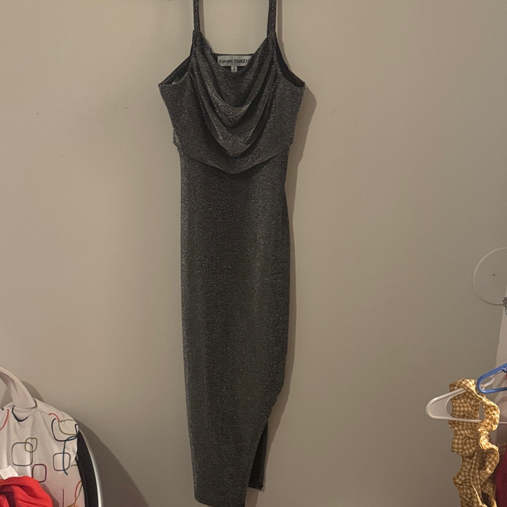 Almost Famous Metallic Gray Asymmetrical Dress